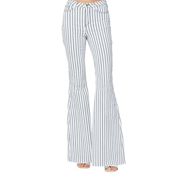 Judy Blue High Waist Pin Stripe Super Flare Stretch Jeans Designer White Blue 25 - Picture 1 of 9